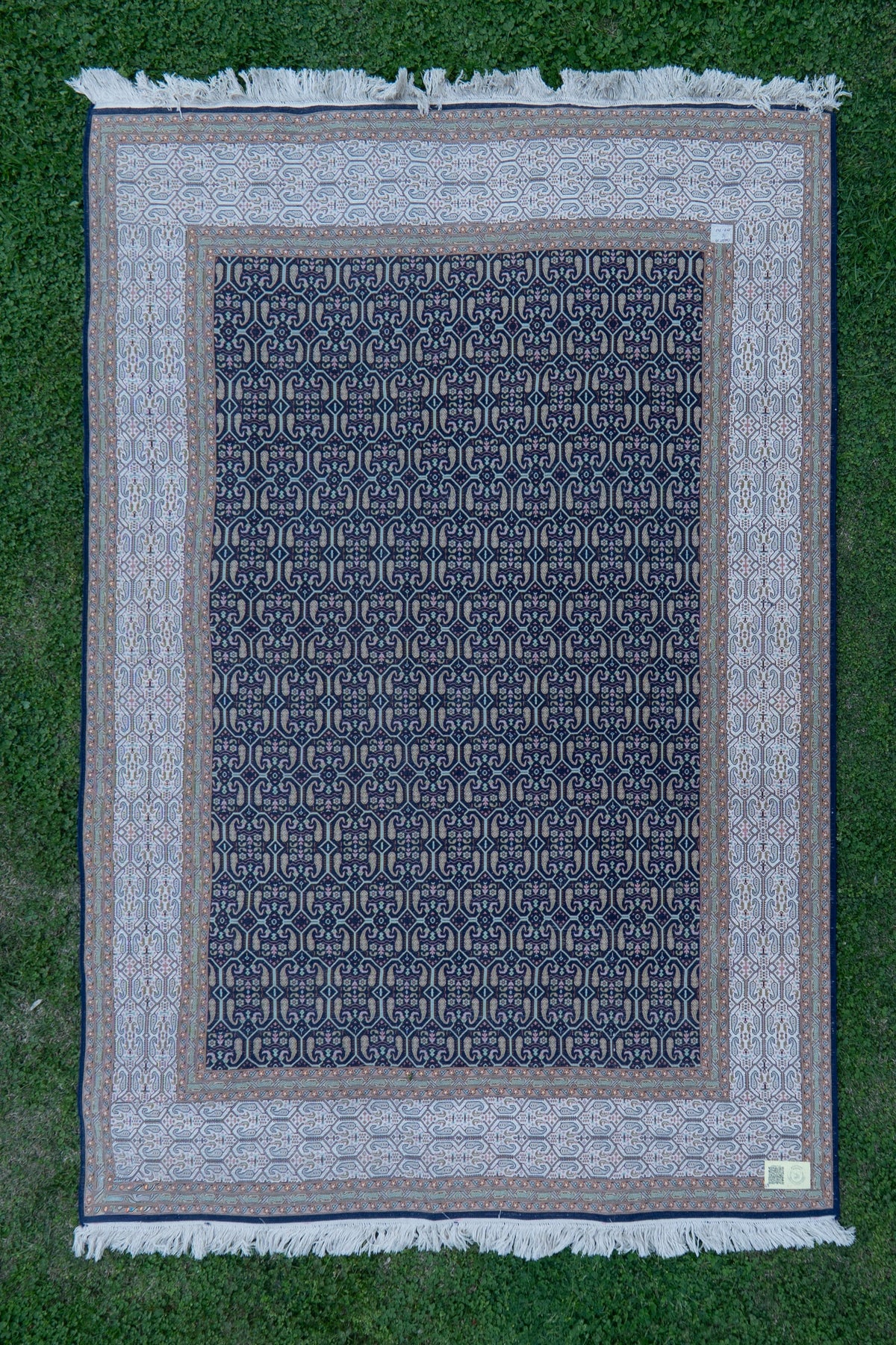 7FT x 5FT Midnight Lattice Harmony: Hand Knotted Mulberry silk on silk Kashmiri Carpet