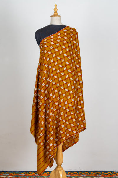 Zarqa – Ochre Checkered Pashmina Shawl with Sozni Embroidery