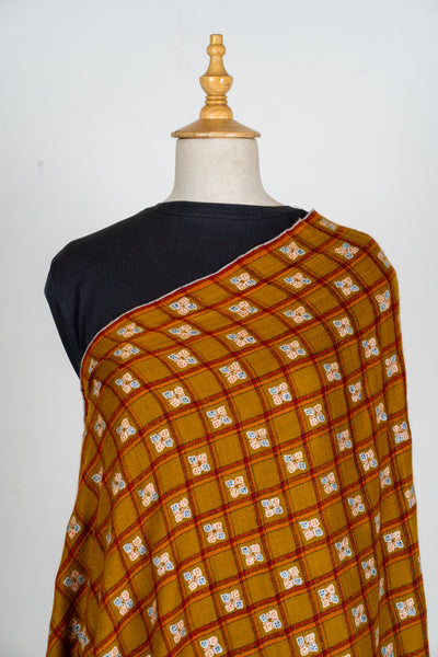 Zarqa – Ochre Checkered Pashmina Shawl with Sozni Embroidery