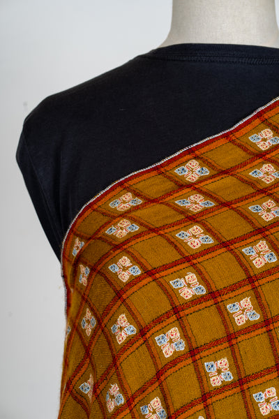 Zarqa – Ochre Checkered Pashmina Shawl with Sozni Embroidery