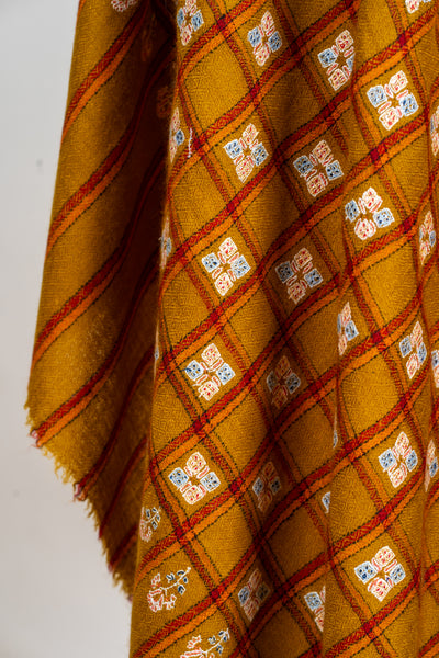 Zarqa – Ochre Checkered Pashmina Shawl with Sozni Embroidery