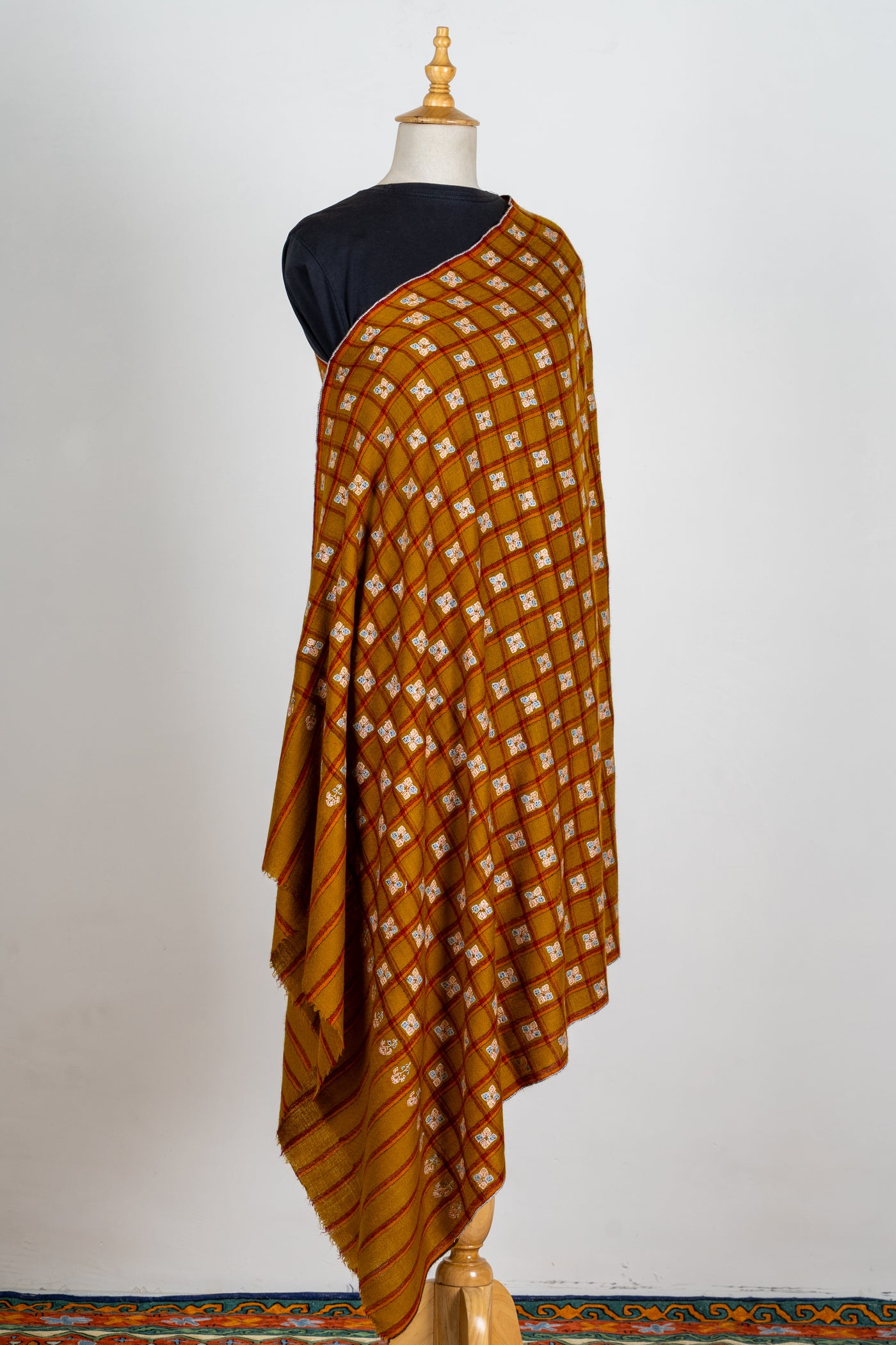 Zarqa – Ochre Checkered Pashmina Shawl with Sozni Embroidery