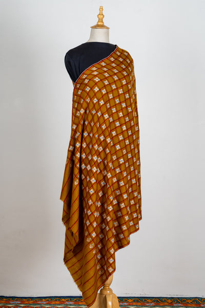 Zarqa – Ochre Checkered Pashmina Shawl with Sozni Embroidery
