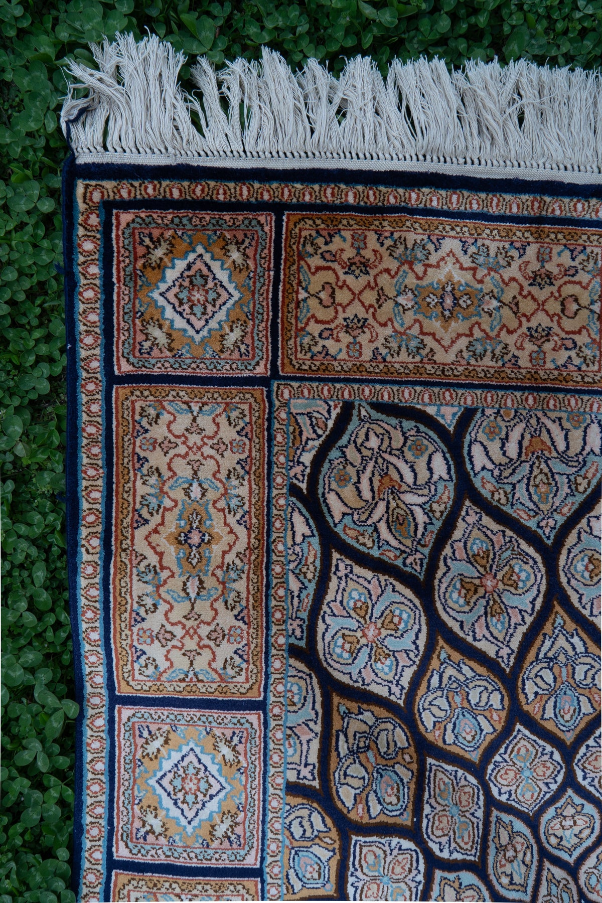 5ft x 3ft: Ivory Petal Radiance: Hand Knotted Mulberry silk on silk Kashmiri Carpet