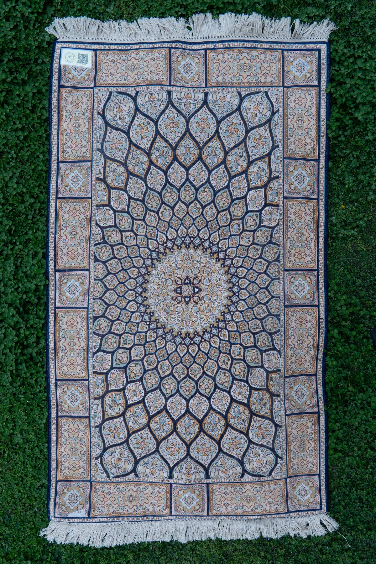 5ft x 3ft: Ivory Petal Radiance: Hand Knotted Mulberry silk on silk Kashmiri Carpet