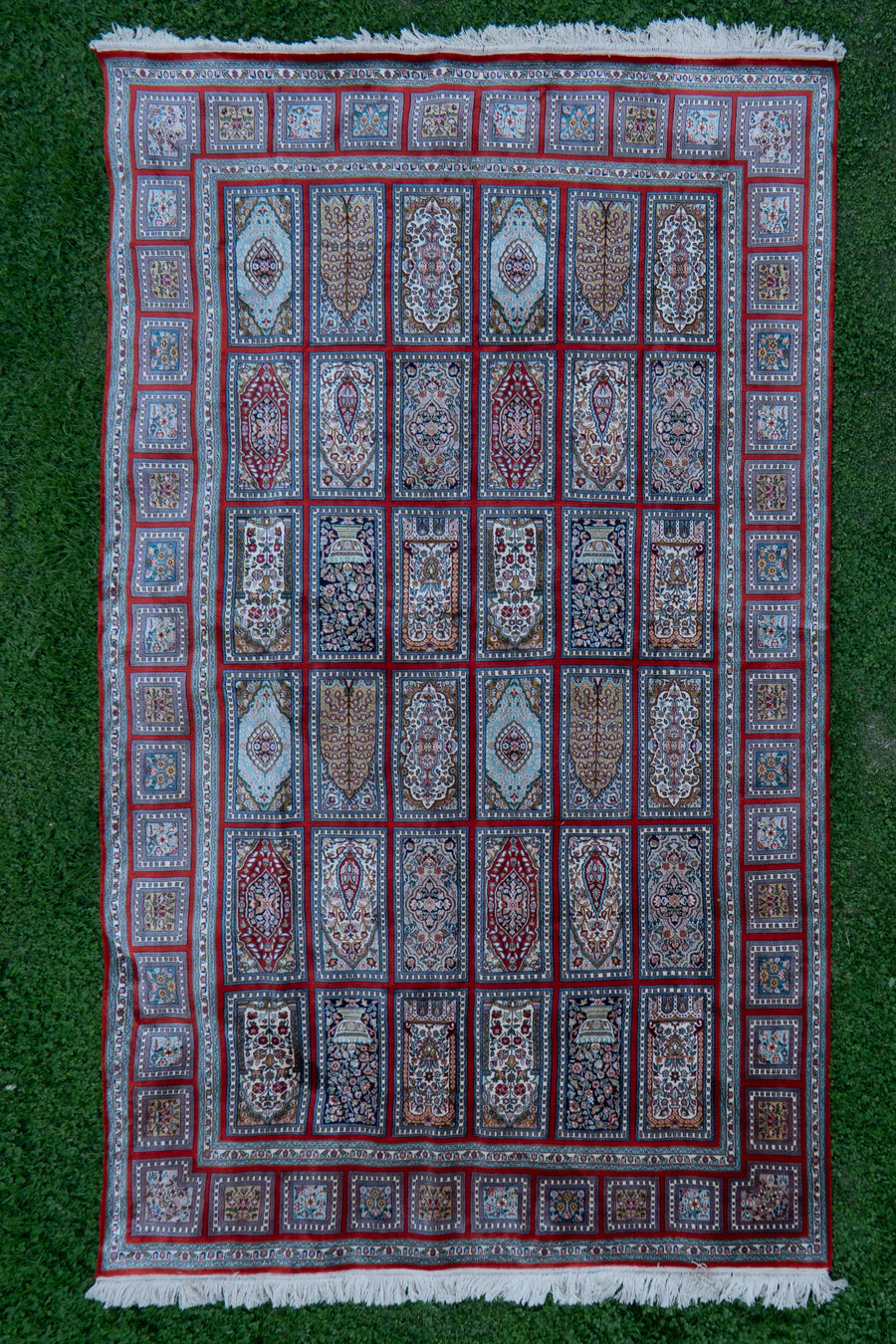 9ft x 6ft Crimson Mosaic Heritage: Hand Knotted Mulberry silk on silk Kashmiri Carpet