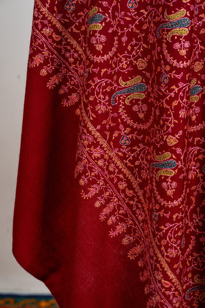 Laleh – Crimson Sozni Hand-Embroidered Pure Pashmina Shawl