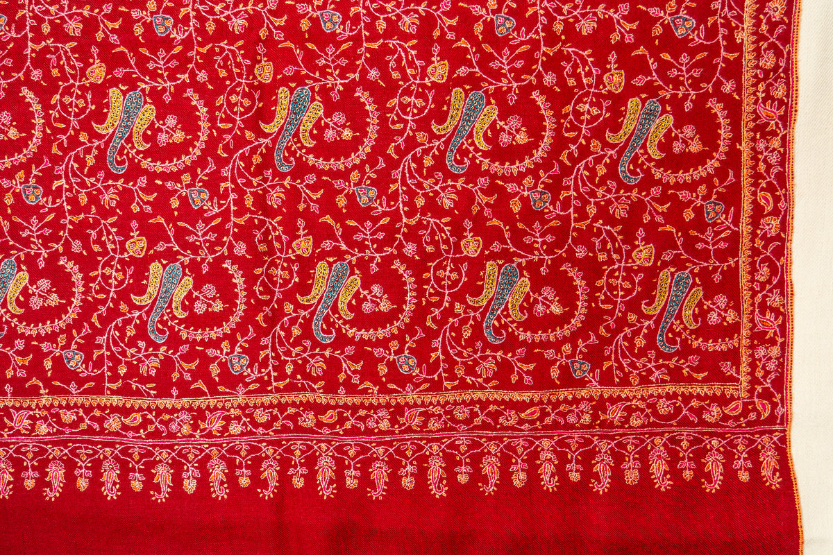 Laleh – Crimson Sozni Hand-Embroidered Pure Pashmina Shawl