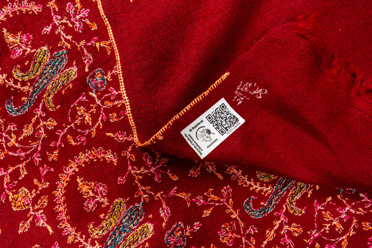 Laleh – Crimson Sozni Hand-Embroidered Pure Pashmina Shawl