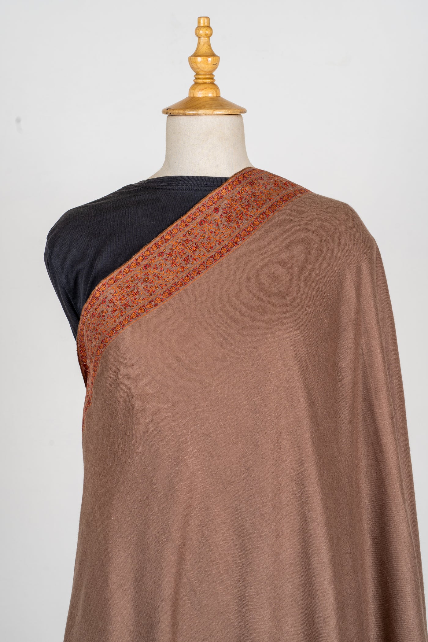 Zahra – Cocoa Pure Pashmina Shawl with Rust Sozni Border
