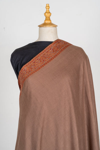 Zahra – Cocoa Pure Pashmina Shawl with Rust Sozni Border