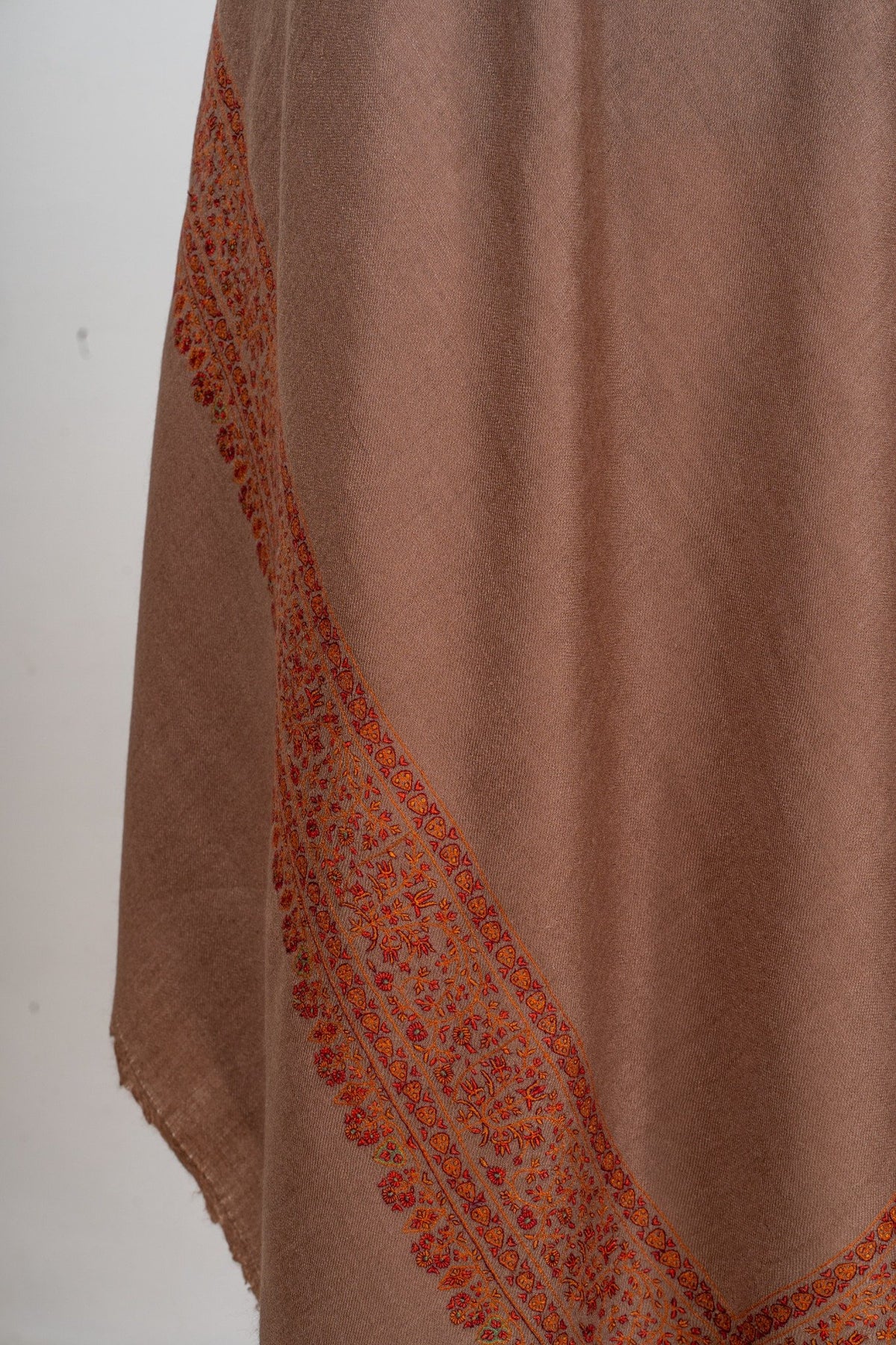 Zahra – Cocoa Pure Pashmina Shawl with Rust Sozni Border