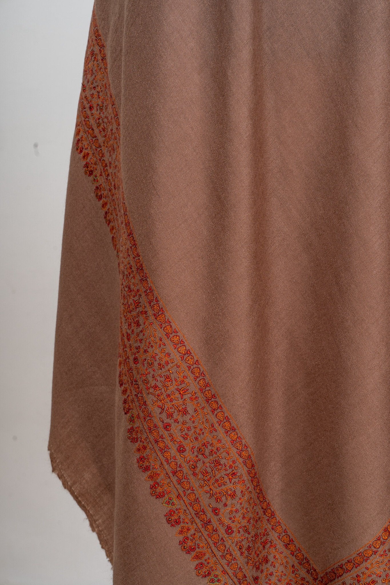 Zahra – Cocoa Pure Pashmina Shawl with Rust Sozni Border