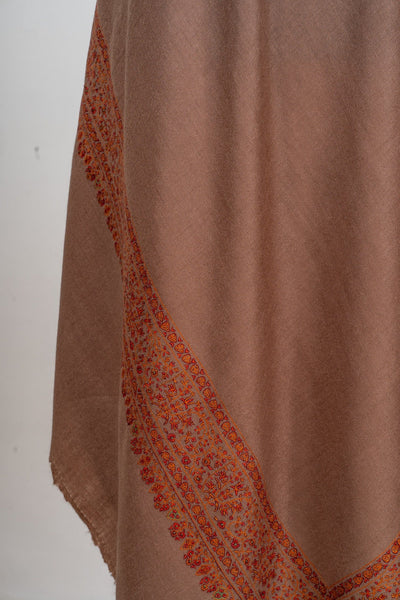 Zahra – Cocoa Pure Pashmina Shawl with Rust Sozni Border