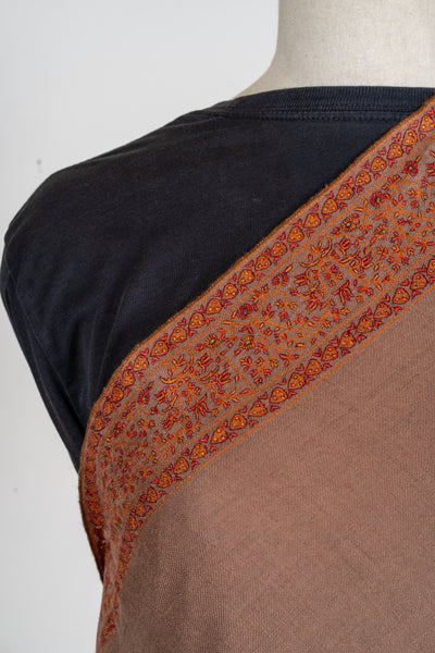 Zahra – Cocoa Pure Pashmina Shawl with Rust Sozni Border