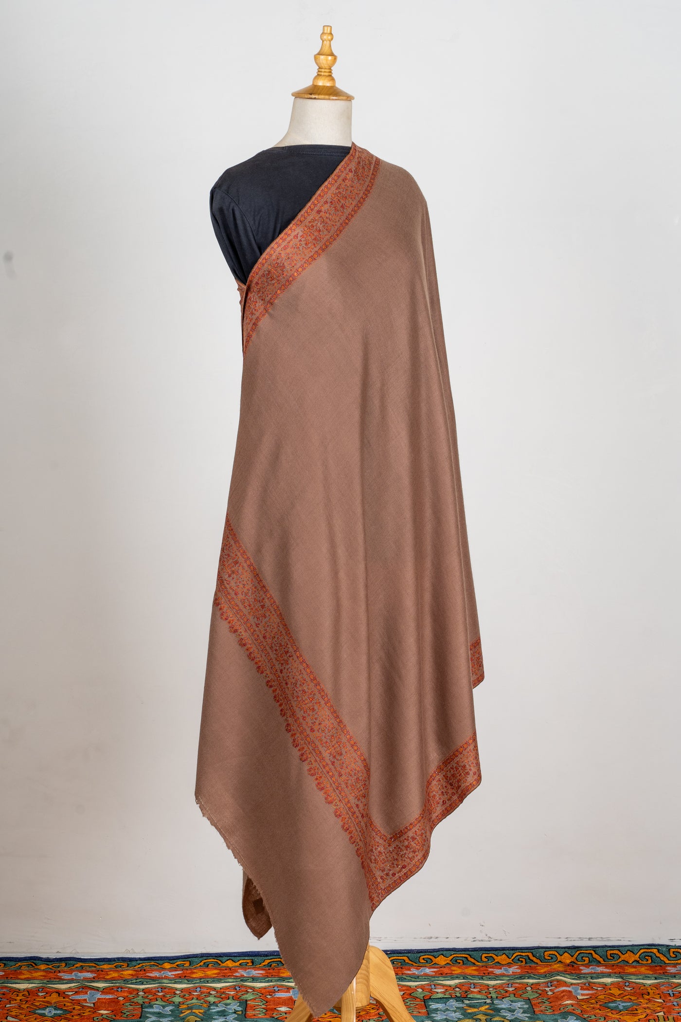 Zahra – Cocoa Pure Pashmina Shawl with Rust Sozni Border