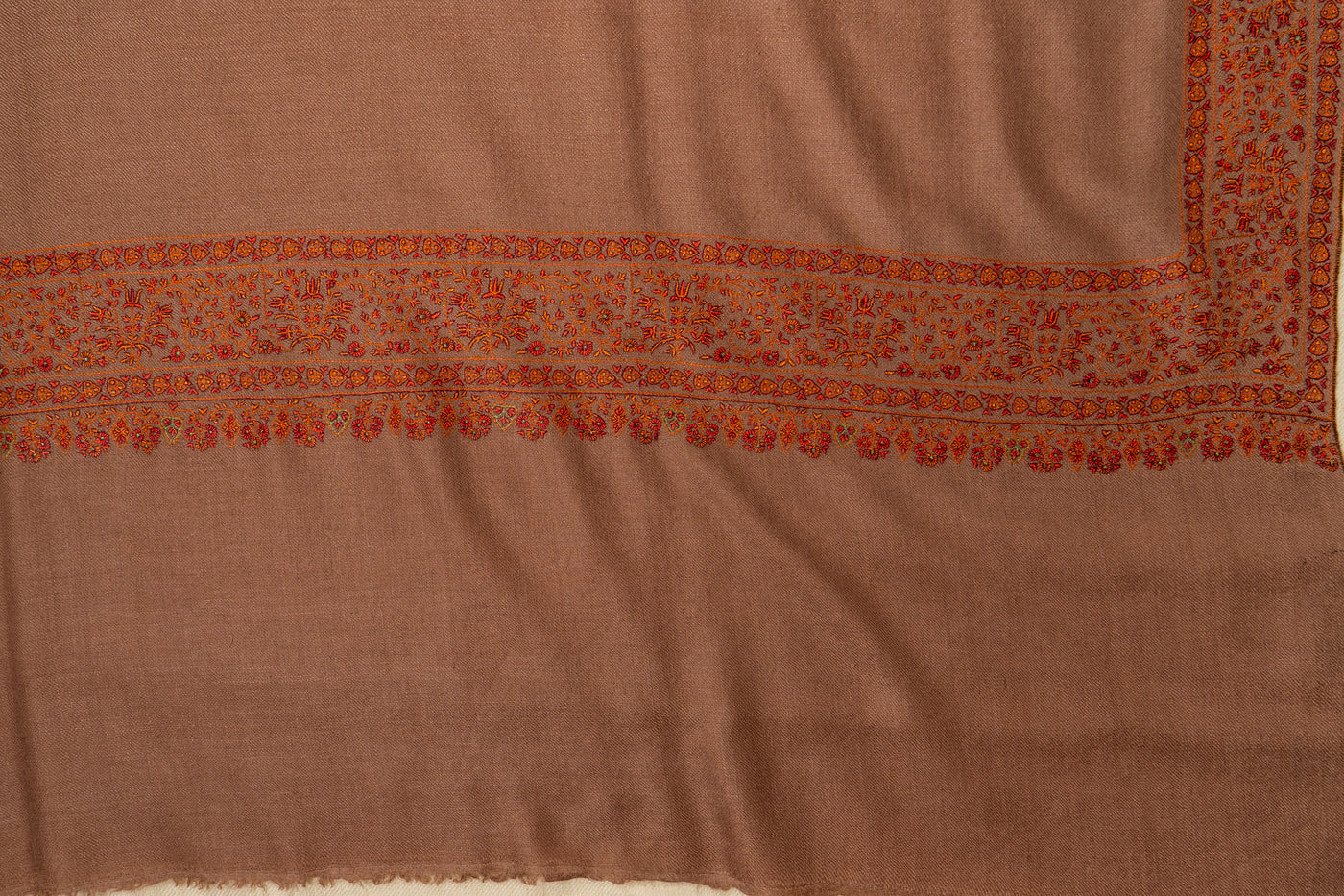 Zahra – Cocoa Pure Pashmina Shawl with Rust Sozni Border