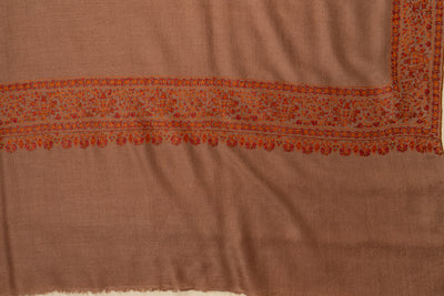 Zahra – Cocoa Pure Pashmina Shawl with Rust Sozni Border