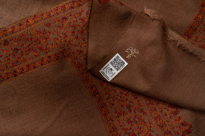 Zahra – Cocoa Pure Pashmina Shawl with Rust Sozni Border