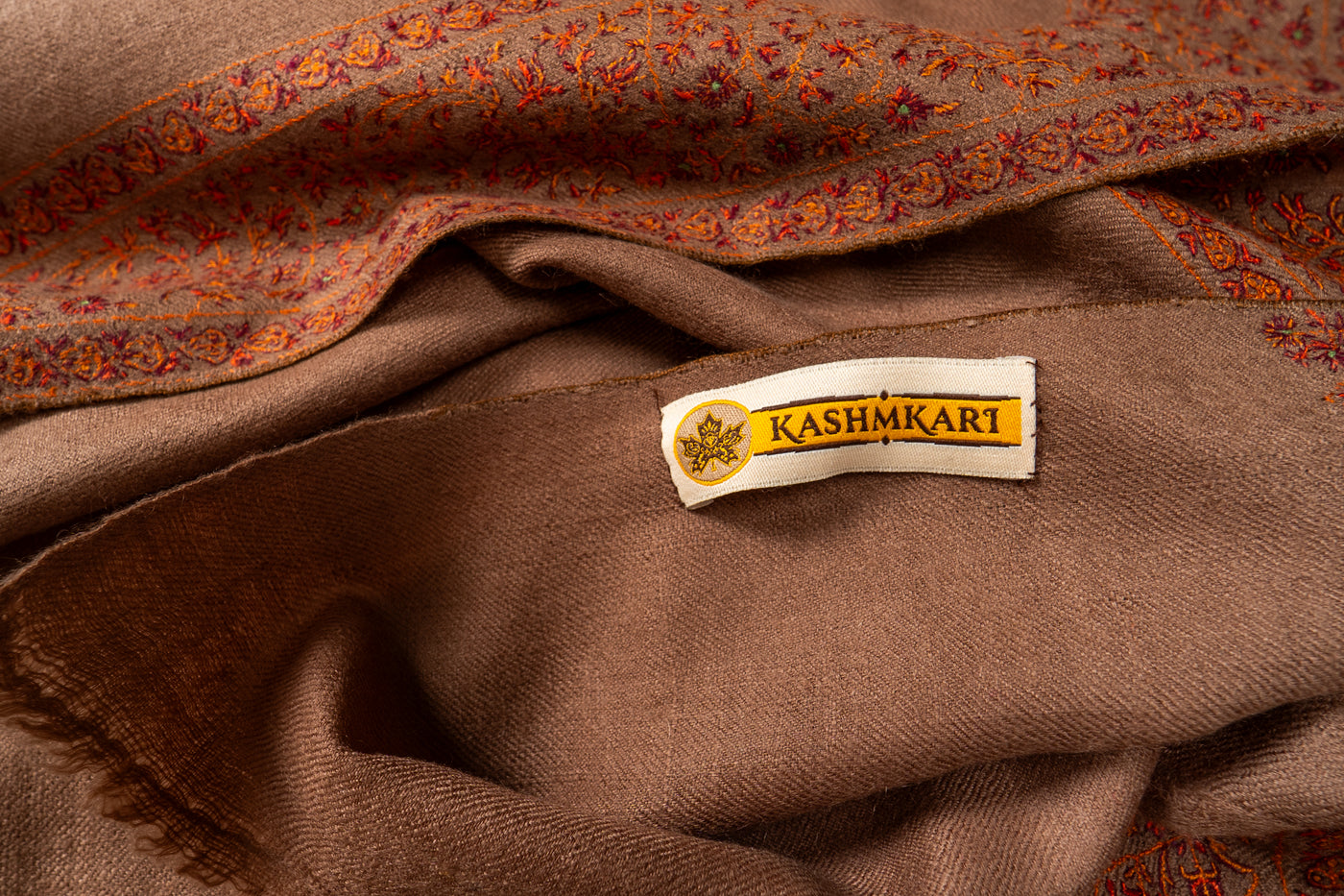 Zahra – Cocoa Pure Pashmina Shawl with Rust Sozni Border