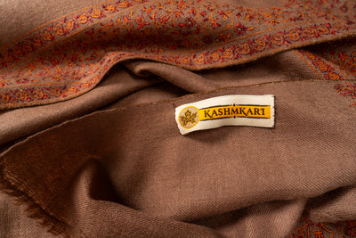 Zahra – Cocoa Pure Pashmina Shawl with Rust Sozni Border