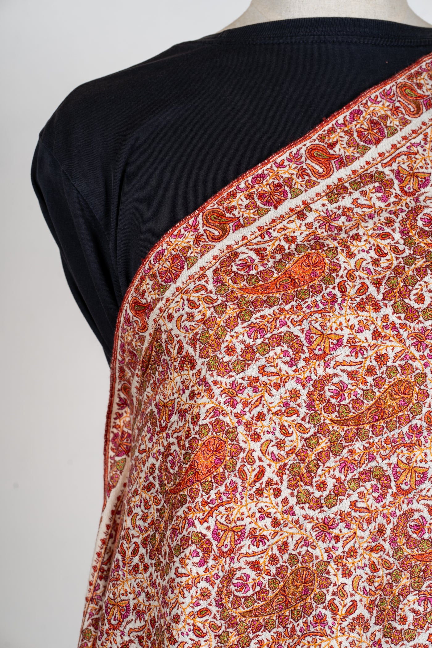 Name: Guldaan – Crimson Sozni Hand-Embroidered Pashmina Jama Shawl