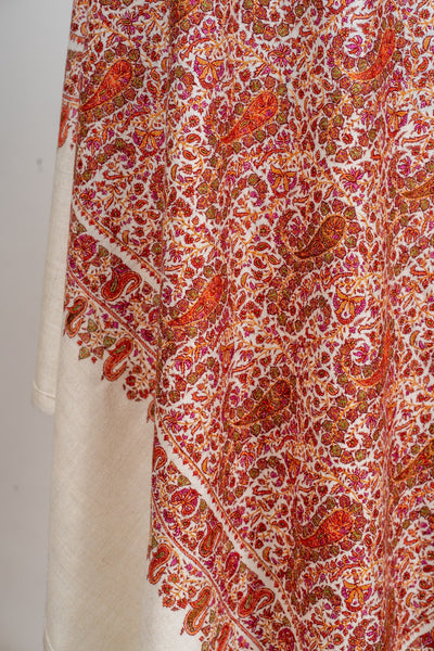 Name: Guldaan – Crimson Sozni Hand-Embroidered Pashmina Jama Shawl