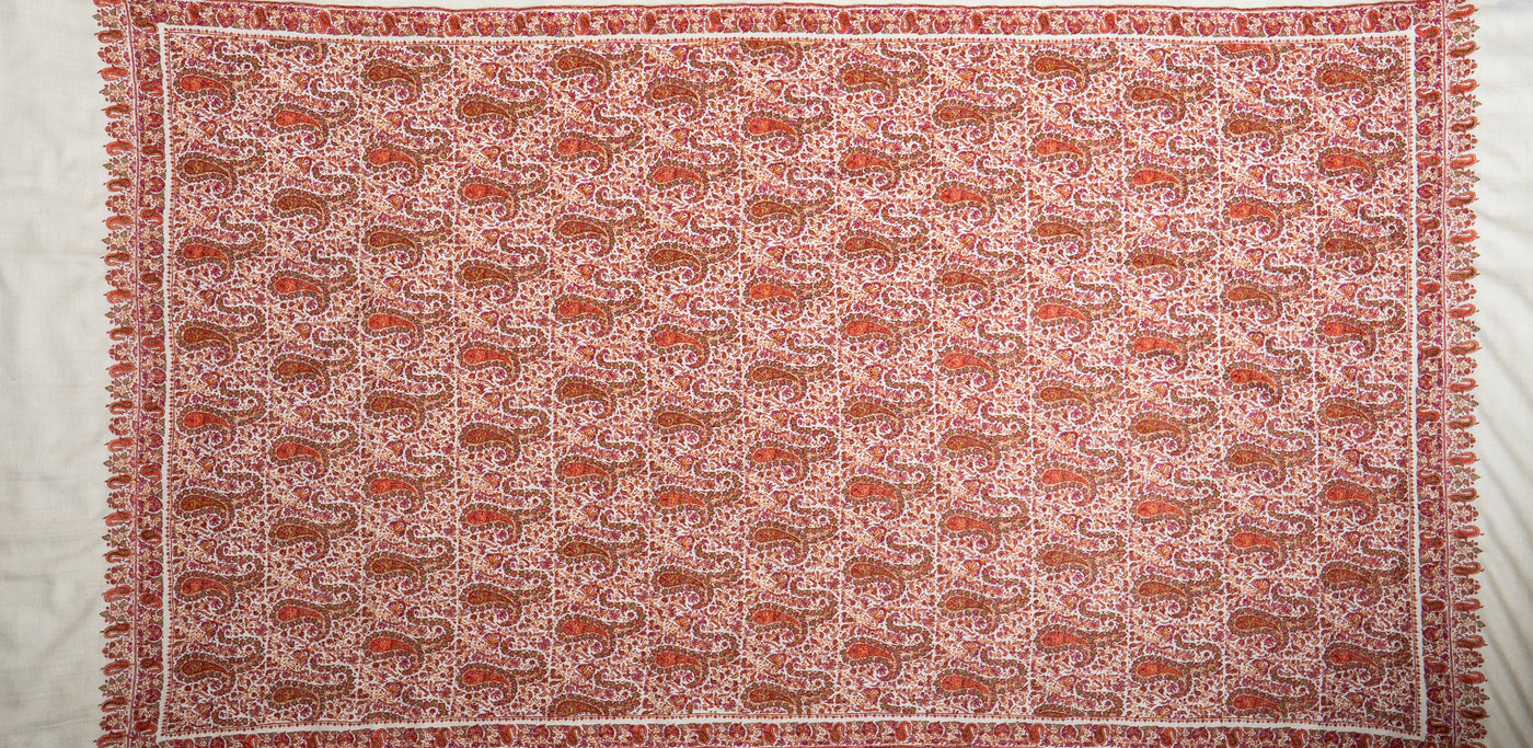 Name: Guldaan – Crimson Sozni Hand-Embroidered Pashmina Jama Shawl