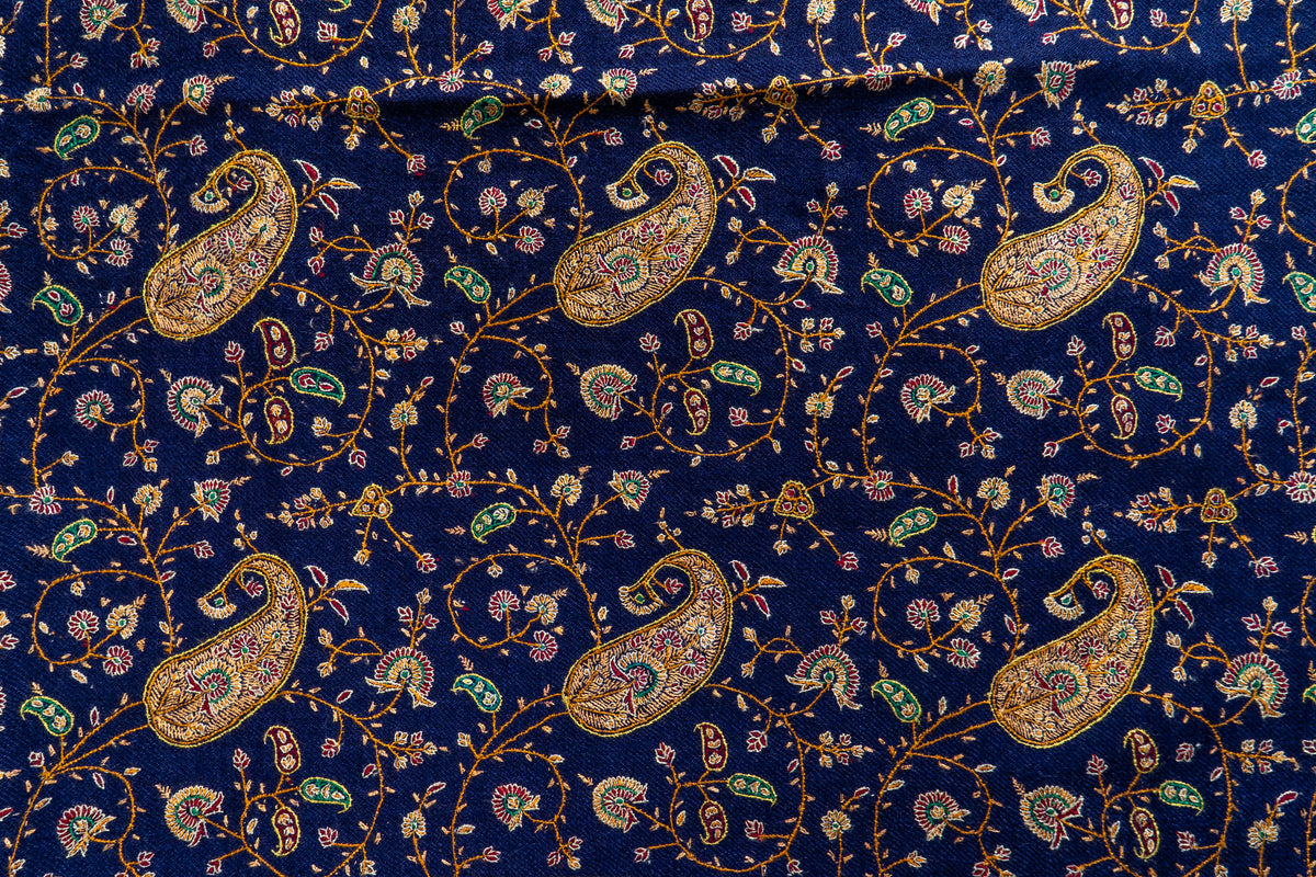 Flat detail of the blue shawl, with repeated golden paisleys and fine multicoloured floral stems