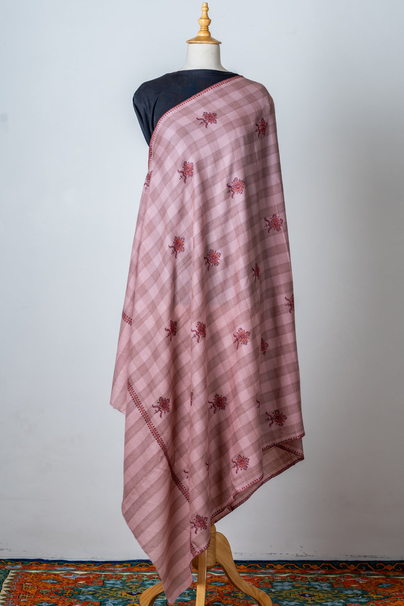 Gulaabo Charm: Merino Wool Shawl with Hand-Embroidered Sozni Blooms