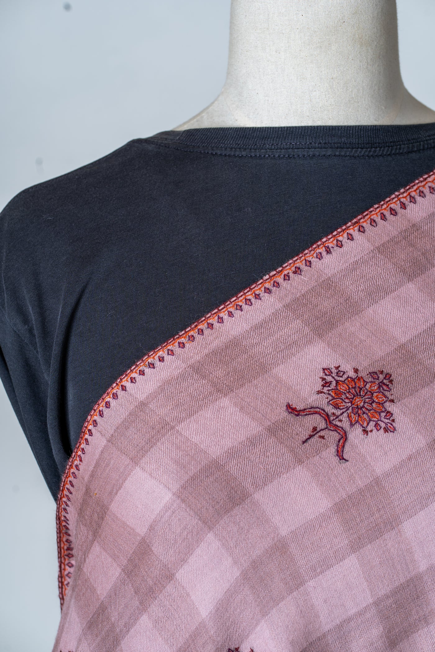 Gulaabo Charm: Merino Wool Shawl with Hand-Embroidered Sozni Blooms