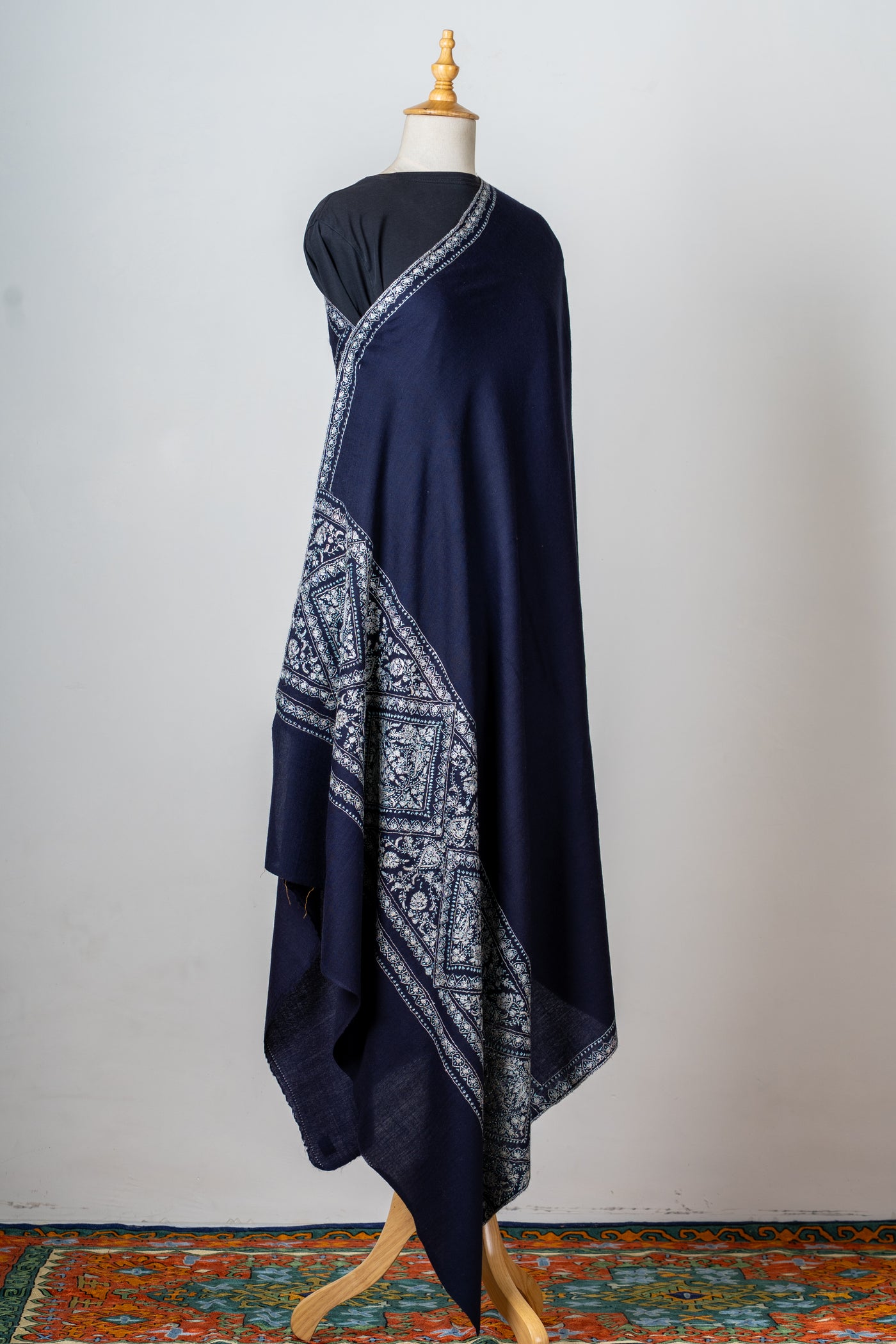 Neel Qalam: Navy Merino Wool Shawl with Classic Sozni Hand Embroidery