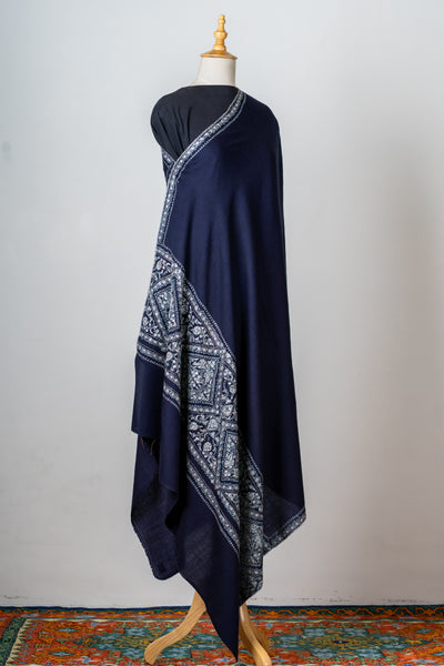 Neel Qalam: Navy Merino Wool Shawl with Classic Sozni Hand Embroidery