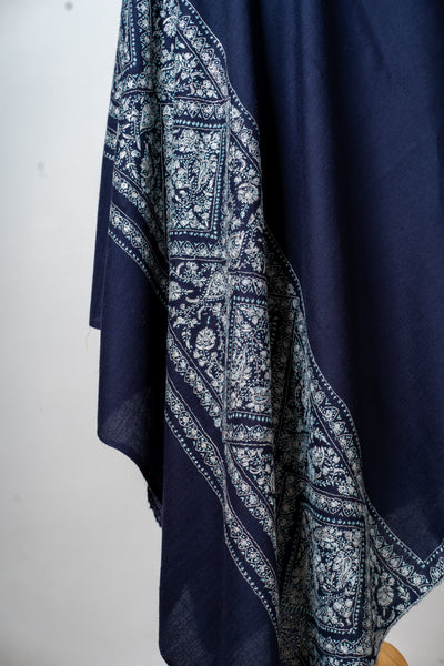 Neel Qalam: Navy Merino Wool Shawl with Classic Sozni Hand Embroidery