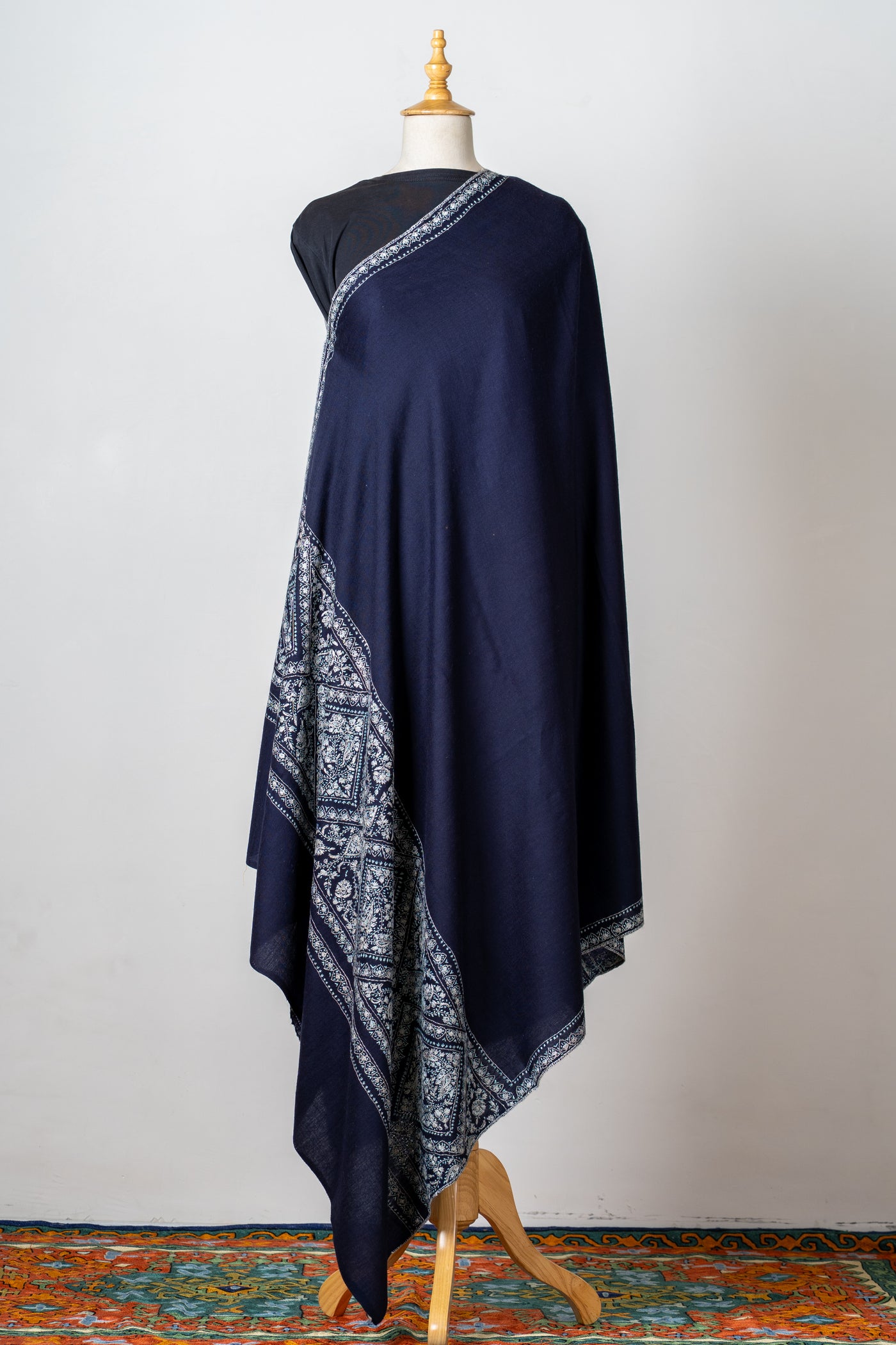 Neel Qalam: Navy Merino Wool Shawl with Classic Sozni Hand Embroidery