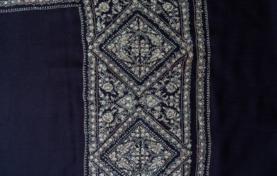 Neel Qalam: Navy Merino Wool Shawl with Classic Sozni Hand Embroidery