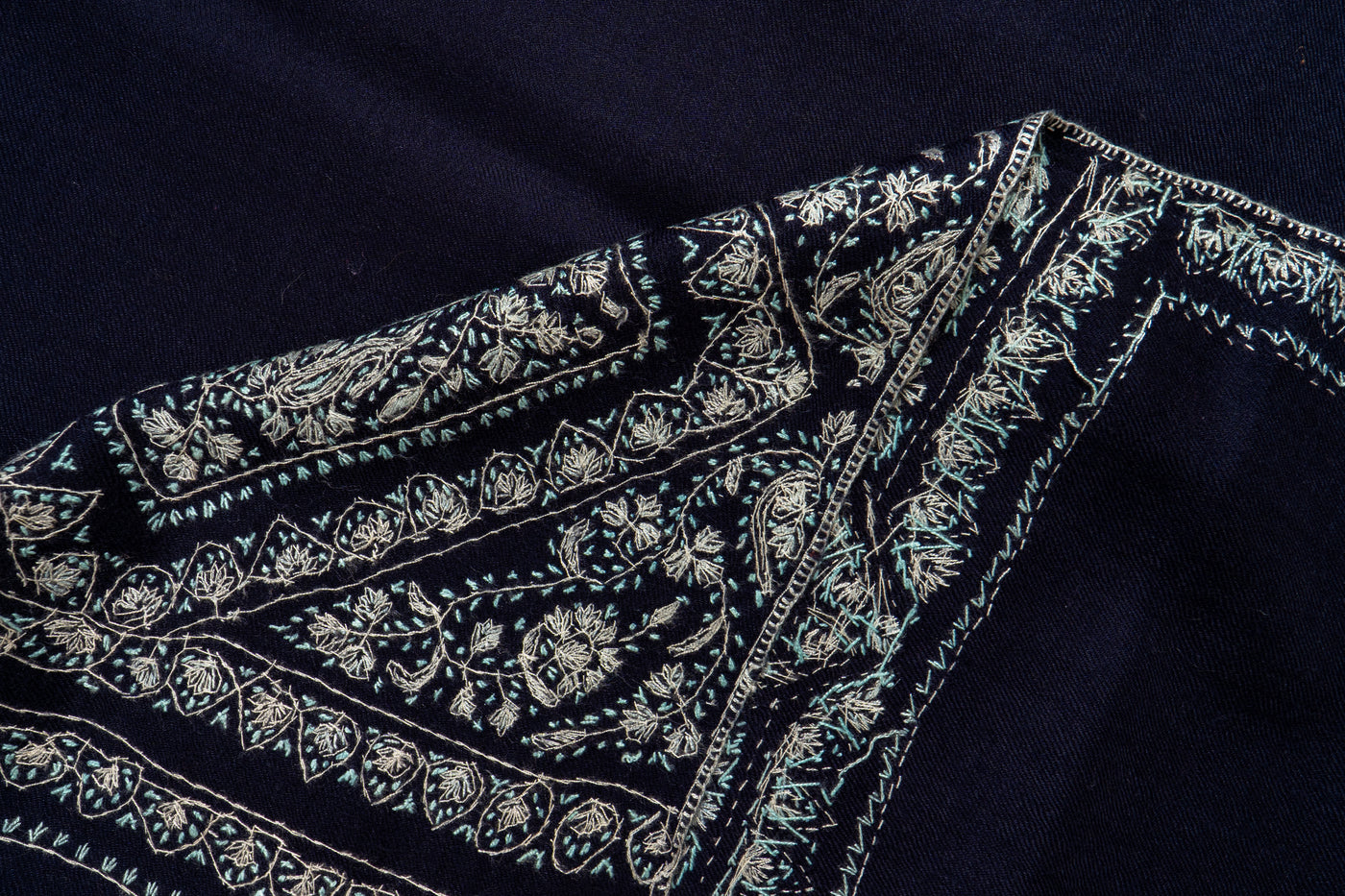 Neel Qalam: Navy Merino Wool Shawl with Classic Sozni Hand Embroidery