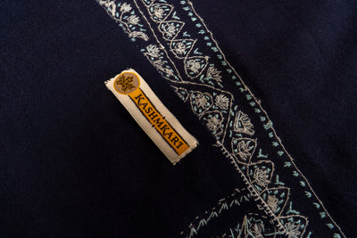 Neel Qalam: Navy Merino Wool Shawl with Classic Sozni Hand Embroidery