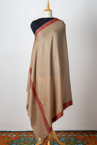 Rang-e-Saahil: Hand-Embroidered Sozni Shawl in Sand Merino Wool