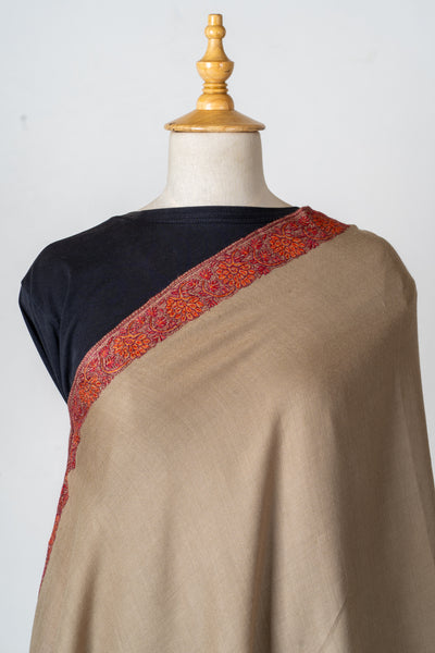 Rang-e-Saahil: Hand-Embroidered Sozni Shawl in Sand Merino Wool