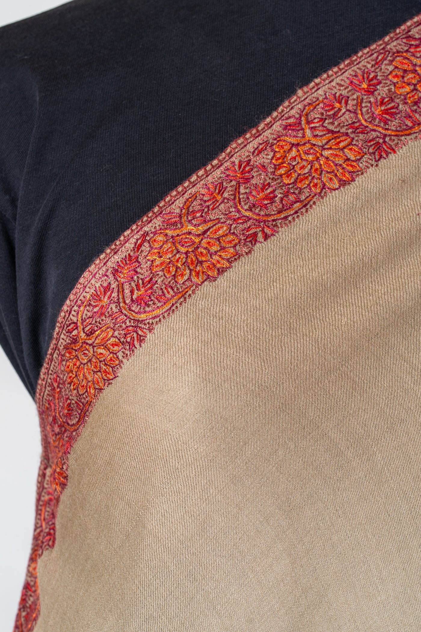 Rang-e-Saahil: Hand-Embroidered Sozni Shawl in Sand Merino Wool