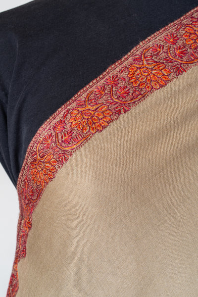 Rang-e-Saahil: Hand-Embroidered Sozni Shawl in Sand Merino Wool