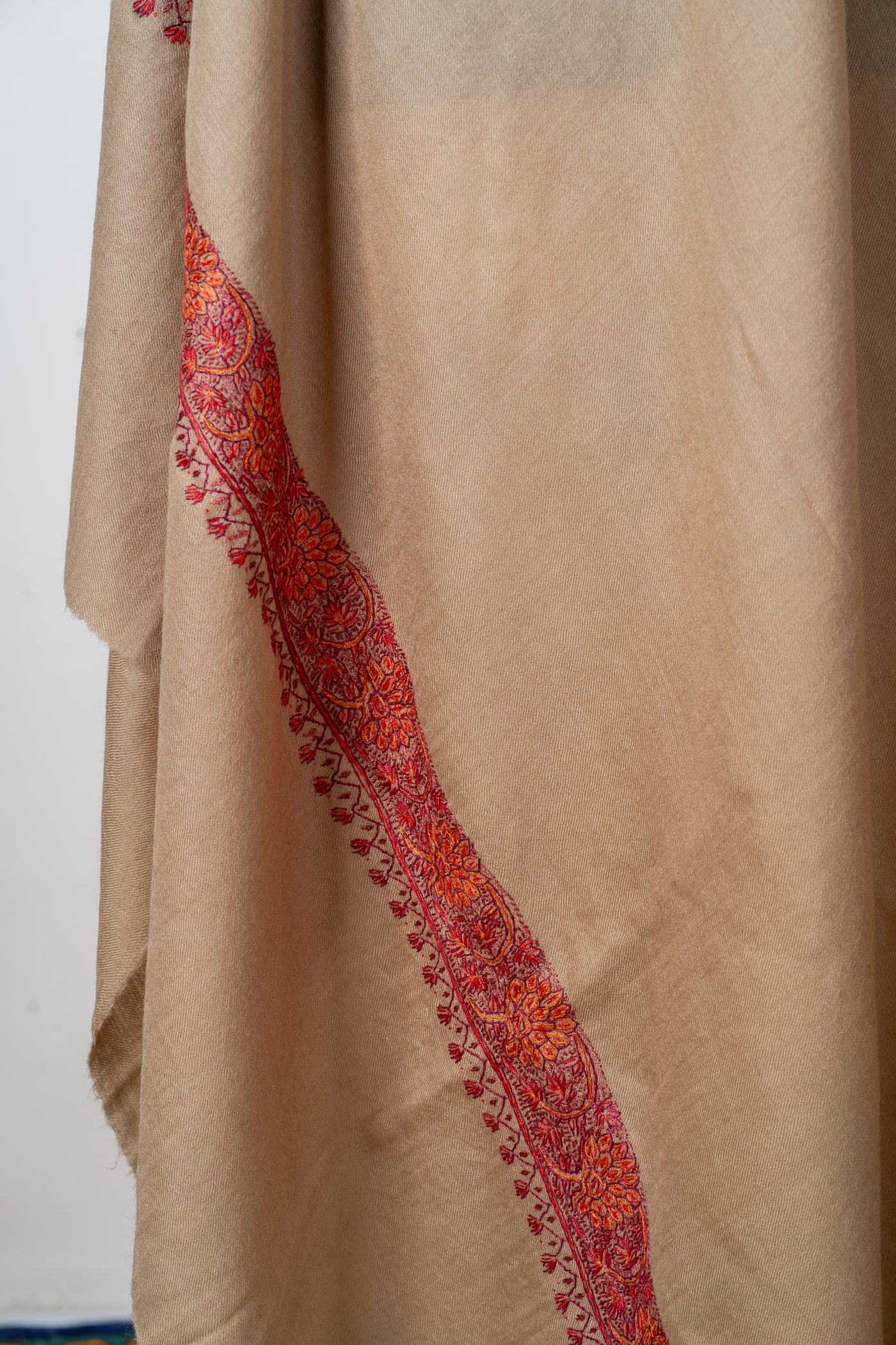 Rang-e-Saahil: Hand-Embroidered Sozni Shawl in Sand Merino Wool