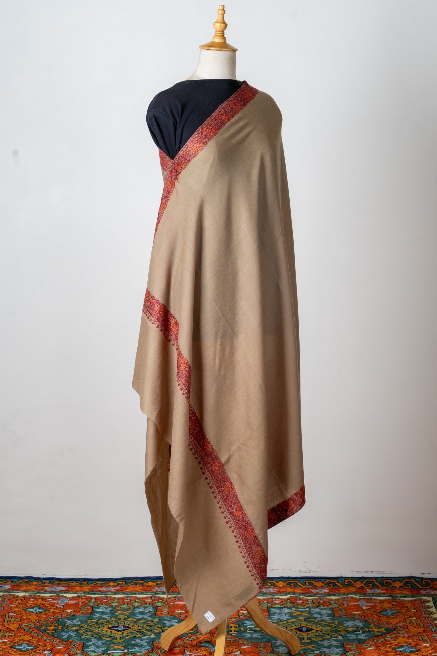 Rang-e-Saahil: Hand-Embroidered Sozni Shawl in Sand Merino Wool