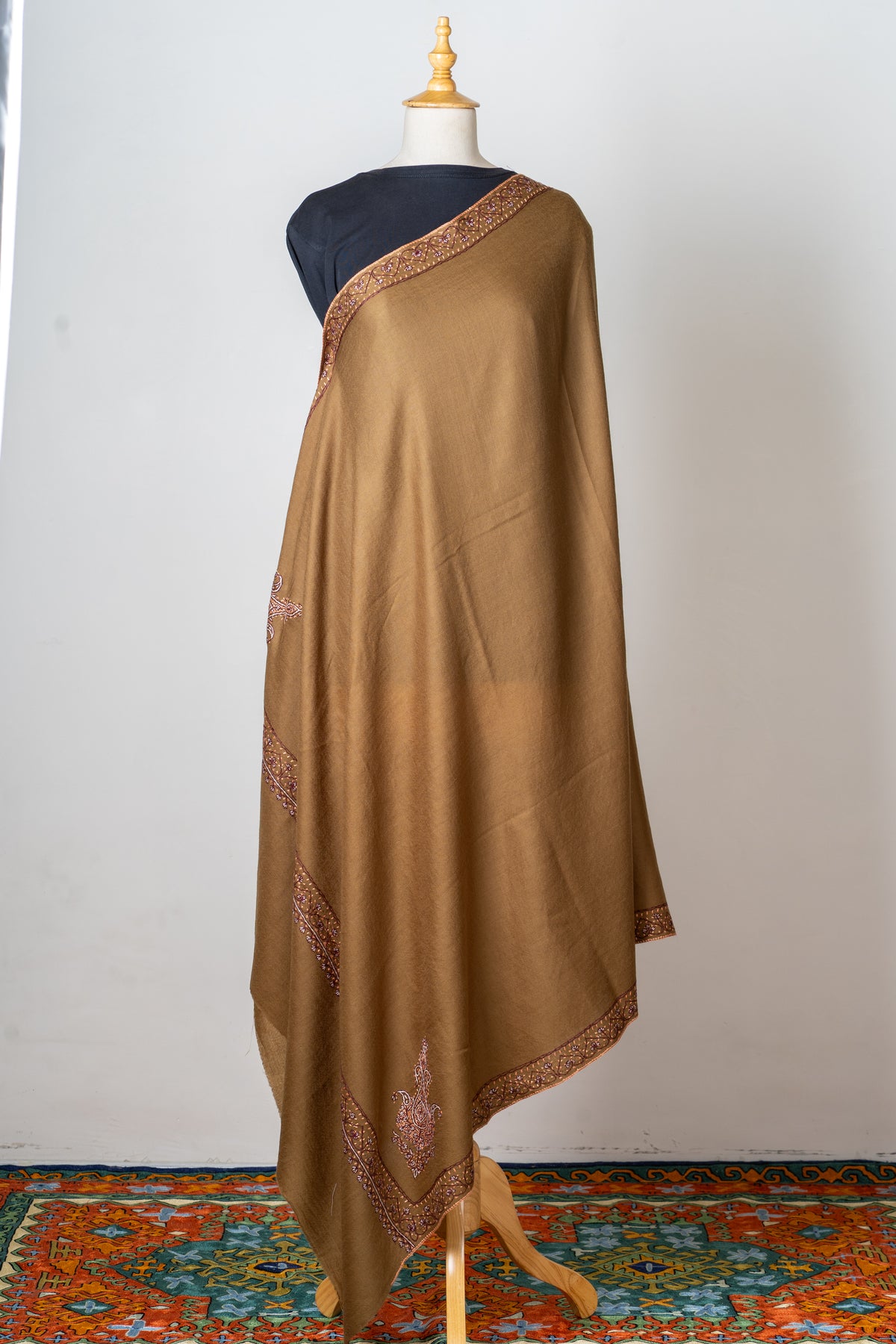 Zamurd Bronze: Hand-Embroidered Sozni Shawl in Merino Wool