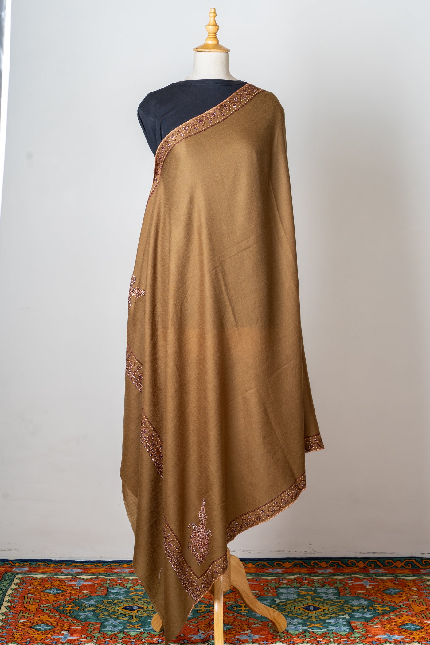 Zamurd Bronze: Hand-Embroidered Sozni Shawl in Merino Wool