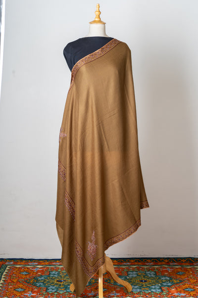 Zamurd Bronze: Hand-Embroidered Sozni Shawl in Merino Wool