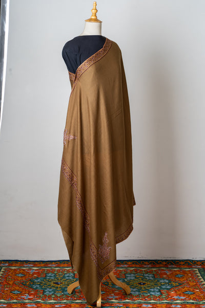 Zamurd Bronze: Hand-Embroidered Sozni Shawl in Merino Wool