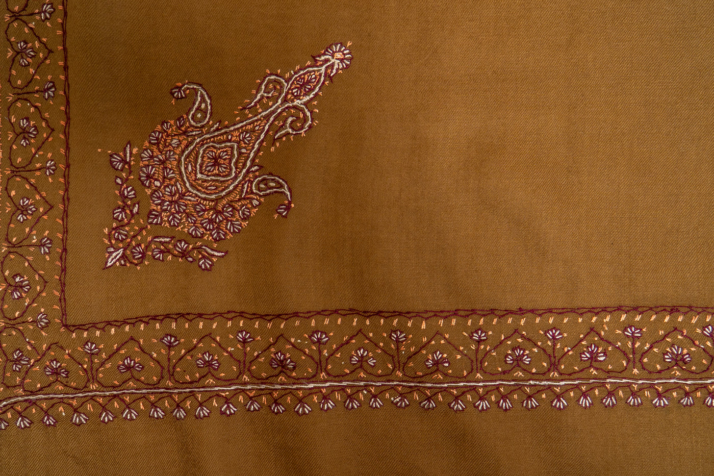 Zamurd Bronze: Hand-Embroidered Sozni Shawl in Merino Wool