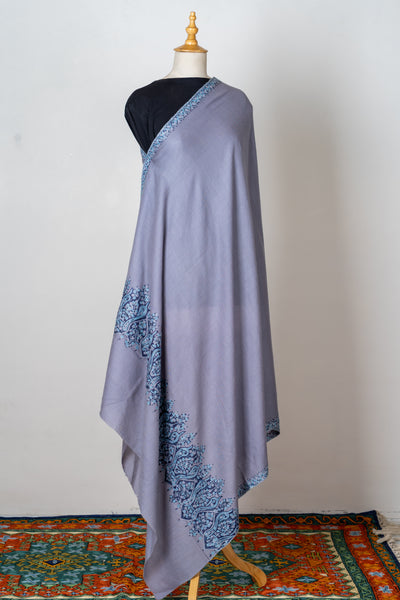 Neela Saaz: Merino Wool Shawl with Hand-Embroidered Sozni Borders